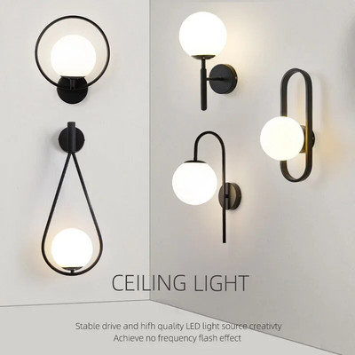 Modern LED üveggolyós fali lámpa 110V 220V fekete kárpitos lámpa nappaliba hálószoba éjjeli folyosó lépcső fali lámpa