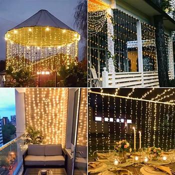 Ηλιακό Φωτιστικό Κουρτίνας Αδιάβροχο Εξωτερικό Ηλιακό Φωτάκια Γιρλάντα String Κήπος Αυλή Περίπτερο Γαμήλιο πάρτι Holiday Decor Lights