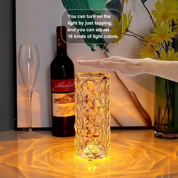LED 16 цвята Кристална настолна лампа Rose Light Романтична диамантена атмосферна светлина Докосване Регулируема нощна лампа за декорация на спалня