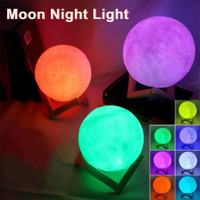 3D принт лунна лампа LED нощна лампа Захранван от батерии със стойка Звездна лампа Спалня Нощно шкафче Начало Декор Нощна лампа Детски подарък