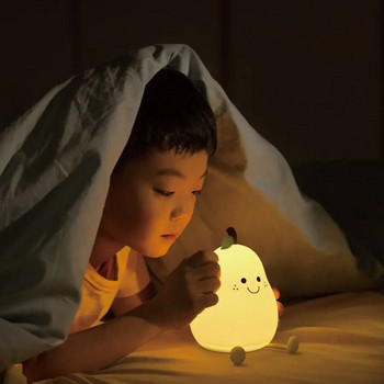 LED Pear Fruit Silicone Night Light 7 Colors Dimming Touch USB Акумулаторна анимационна нощна лампа Bedroom Decor Сладък детски подарък