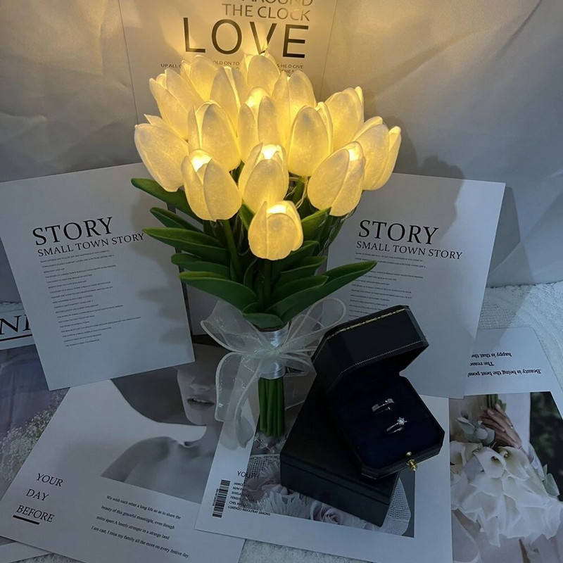 10/15 KOM LED Tulipan Noćna svjetiljka Stolna lampa Noćna lampa Atmosfera Romantično umjetno cvijeće Rođendanski dar Dekoracija spavaće sobe