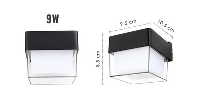 Aplică de perete cu LED-uri de 9W, rezistentă la apă, în aer liber, balcon, cu un singur cap, pătrat rotund, din aluminiu, negru