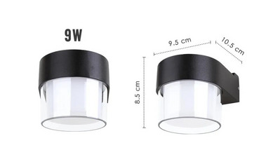 Aplică de perete cu LED-uri de 9W, rezistentă la apă, în aer liber, balcon, cu un singur cap, pătrat rotund, din aluminiu, negru