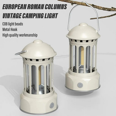 Европейски римски стълб Винтидж фенер за къмпинг Фенерче Акумулаторна лампа с кука Топла бяла светлина за къмпинг, изследване