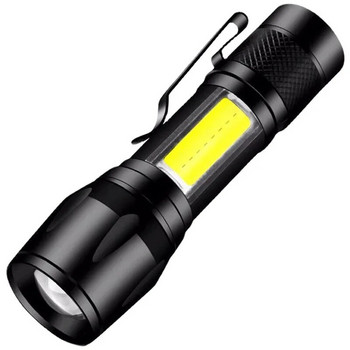 Φορητός φακός LED Zoom Focus Φακός Επαναφορτιζόμενο USB Φανάρι COB Ενσωματωμένη μπαταρία Q5 Αδιάβροχα φώτα κάμπινγκ