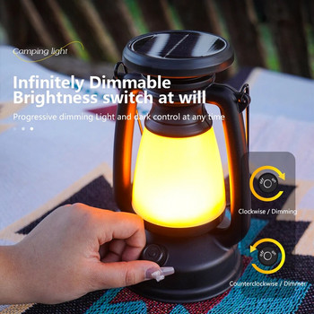 Безстепенно затъмняване къмпинг светлина със студена и топла светлина USB и слънчева енергия Акумулаторни преносими фенери Висяща светлина за палатка