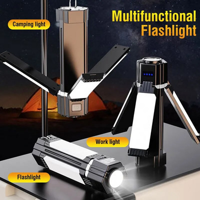 Többfunkciós kempinglámpa kettős fényforrással, 90°-ban forgatható oldalsó lámpával, C típusú újratölthető hátsó mágneses lámpás kültéri