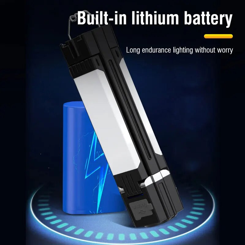 Daugiafunkcinis kempingo apšvietimas, dvigubas šviesos šaltinis su 90° besisukančiomis šoninėmis C tipo įkraunamomis magnetinėmis lempomis lauke