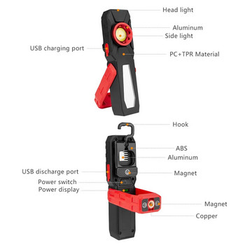 Магнитна COB LED работна светлина USB зареждане Фенерче Инспекционна светлина Удобен фенер Преносим фенер с кука Мобилна захранваща банка