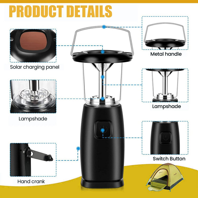 Nova 6 LED solarna ručna ručica Dynamo Led svjetiljka Lampionska lampa za kampiranje na otvorenom Lov Planinarenje Jedrenje Solarna 6led svjetiljka za kampiranje