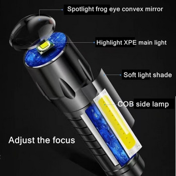 Φορητός φακός LED Φακός XPE COB με 3 λειτουργίες Επαναφορτιζόμενος φακός ζουμ Αδιάβροχο φως κάμπινγκ