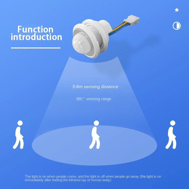 Kintamosios srovės 85V-265V LED šviesos jungiklis Mini PIR jutiklis detektorius infraraudonųjų spindulių judesio jutiklis, reguliuojamas delsos įterptas žmogaus kūno infraraudonųjų spindulių