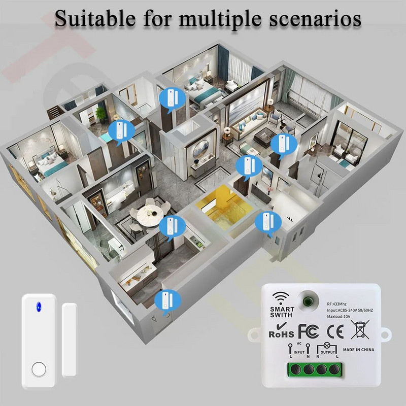 Tedeligo 433MHz senzor za vrata i prozore Prekidač za bežično svjetlo, 110V 220V 10A Relej Prekidač za daljinsko upravljanje za kućnu svjetiljku UKLJUČENO ISKLJUČENO
