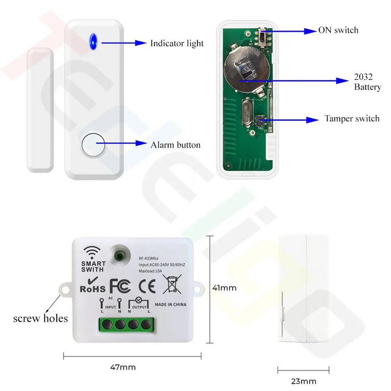 Tedeligo 433MHz senzor za vrata i prozore Prekidač za bežično svjetlo, 110V 220V 10A Relej Prekidač za daljinsko upravljanje za kućnu svjetiljku UKLJUČENO ISKLJUČENO