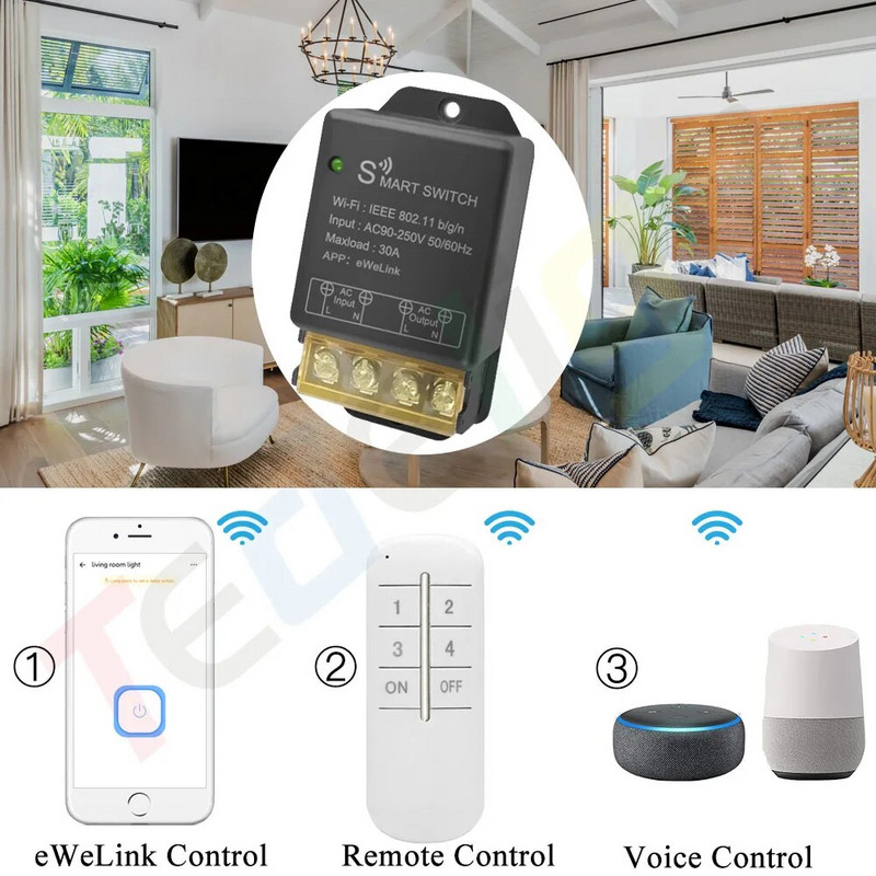 Tedeligo 2,4 GHz Ewelink WiFi Smart Switch Controller 110v 220v 30A Prekidač svjetla Zidni prekidač, Timing Voice Module radi s Alexom