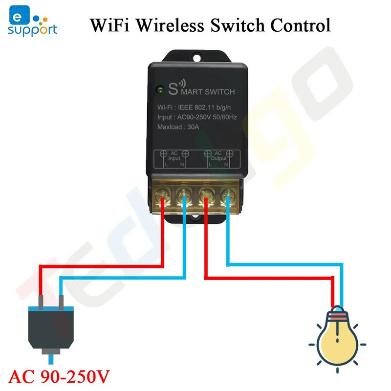 Tedeligo 2,4 GHz Ewelink WiFi Smart Switch Controller 110v 220v 30A Prekidač svjetla Zidni prekidač, Timing Voice Module radi s Alexom