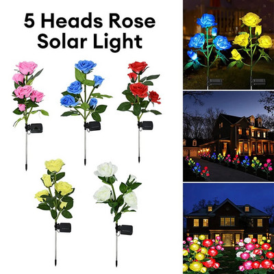 5 Head LED соларна симулация Rose Flower Solar LED Light Градина Двор Тревата Нощна лампа Пейзаж Декорация на дома Цвете Светлина
