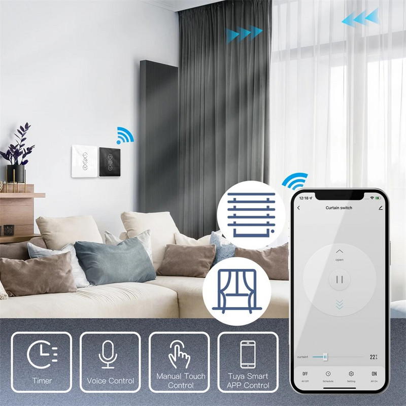 MOES WiFi RF433 Smart 2.5D Arc Glass Touch Prekidač zavjese za rolete Smart Life/Tuya APP radi Alexa Google