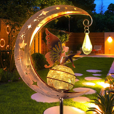 Fairy Moon Solar Light γκαζόν στολίδι εξωτερικού χώρου Δημιουργικό διακοσμητικό σιδερένιο κοίλο ρωγμή λάμπα μπάλας Angle Art Led διακόσμηση αυλής