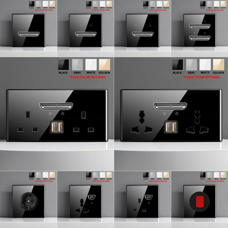 Europska Britanska Francuska Standardna utičnica s prekidačem od kaljenog stakla sa svjetlosnim indikatorom, samoresetiranje 1 2 3 4 Višestruke zidne utičnice