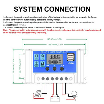 PWM соларен контролер за зареждане 12V24V 30A/20A/10A Автоматичен LCD Двоен USB 5V изход Фотоволтаичен слънчев панел PV регулатор Разрядник за натоварване