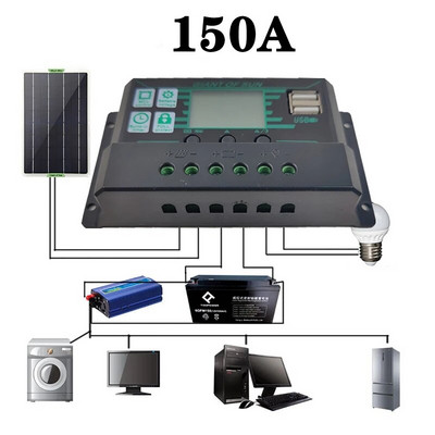 150A napelem vezérlő MPPT szabályozó PWM kettős USB PV panel fekete vezérlő napelem akkumulátor szabályozó port LCD kijelző
