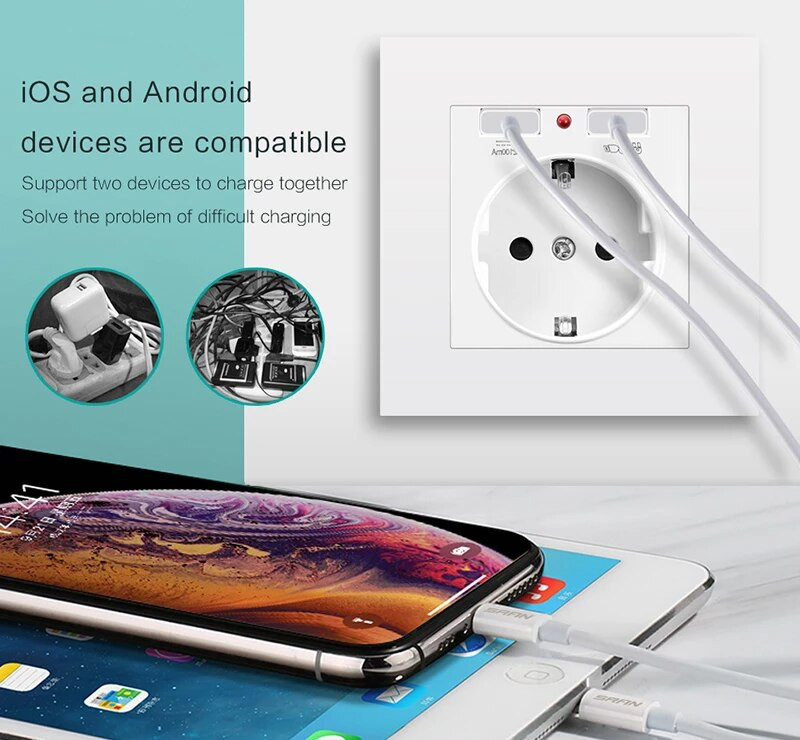Aingh francuska zidna električna utičnica PC plastična električna utičnica s USB 5V 2A dvostruki usb utikač 86 tip utičnice 16A 220V