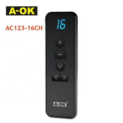 Telecomandă portabilă neagră din seria A-OK AC123 pentru un motor electric OK Curtian RF433, controlează fără fir cortina deschide/închide