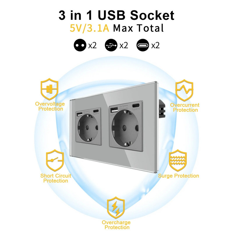 ES stiklo plokštės sieninis lizdas su USB tipo c televizoriumi ST CAT6 interneto RJ45 Funkcinis raktas Elektros lizdas „Pasidaryk pats“ nemokamas derinys