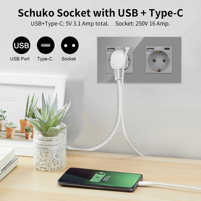 ES stiklo plokštės sieninis lizdas su USB tipo c televizoriumi ST CAT6 interneto RJ45 Funkcinis raktas Elektros lizdas „Pasidaryk pats“ nemokamas derinys