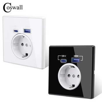 COSWALL Type-C Interface Outlet Wall EU Russia French Standard Socket With USB Charge Port Full Mirror Acrylic Panel Black White