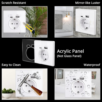 COSWALL Type-C Interface Outlet Wall EU Russia French Standard Socket With USB Charge Port Full Mirror Acrylic Panel Black White