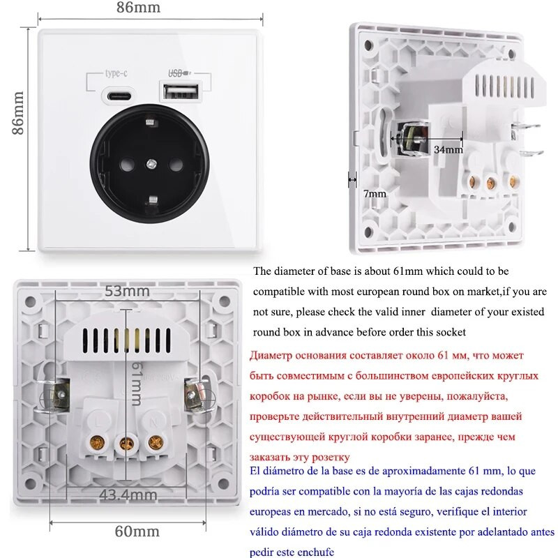 COSWALL Type-C sučelje Outlet Wall EU Rusija Francuska standardna utičnica s USB priključkom za punjenje Puno ogledalo Akrilna ploča Crno bijela