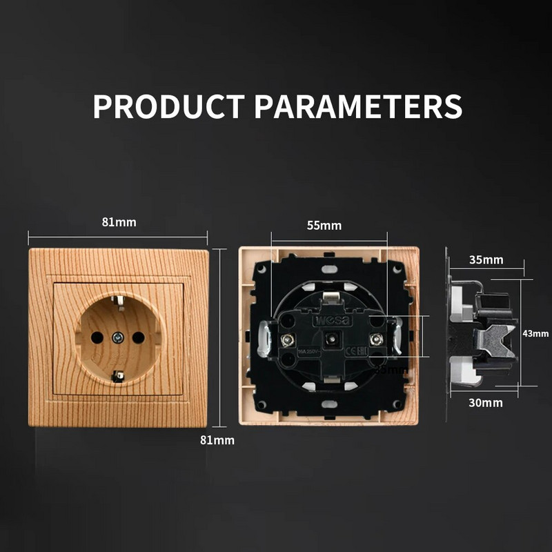 WESA medinis maitinimo lizdas 16A ES standartinis elektros lizdas Standartinis antžeminis sieninis lizdas 86 mm * 86 mm antipireno plastikinė plokštė
