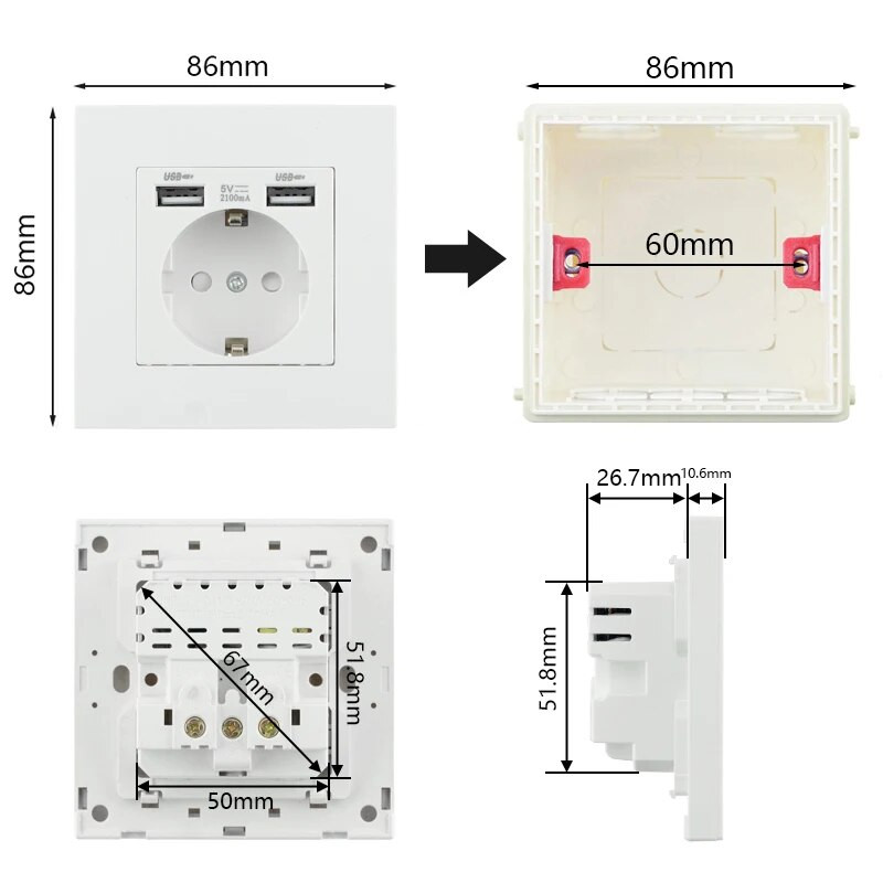 Rewnssin Zidne utičnice s USB utikačem Kućne električne utičnice EU DE Tip-C Dupla USB utičnica Držači telefona 220V 16A Spavaća soba