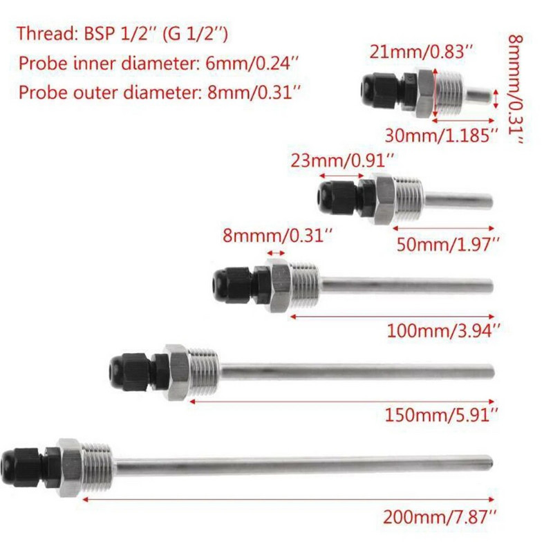 30-200mm Thermowell 304 Oțel inoxidabil 1/2 BSP G Filet OD6mm Buzunar pentru manșon de imersie pentru senzor de temperatură Accesorii pentru casă