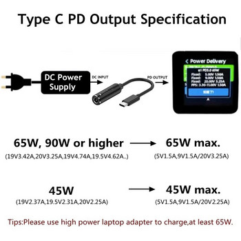 Μετατροπέας μετατροπέα καλωδίου γρήγορης φόρτισης DC σε USB Type C PD 65W Τύπος C PD Υποδοχή για MacBook Lenovo Samsung Huawei