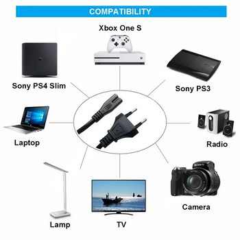 Καλώδιο τροφοδοσίας ΕΕ 2 ακίδων IEC320 C7 Καλώδιο επέκτασης ρεύματος ΗΠΑ για φορτιστή φορητού υπολογιστή Dell Ηχείο ραδιόφωνο εκτυπωτή Epson Canon PS4 XBOX LG Sony
