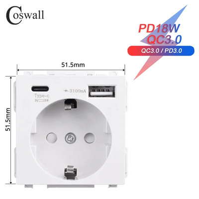 COSWALL 16A EU Socket Module with PD 18W Type-C & QC 3.0 Type-A Dual USB Fast Charger Използвайте за C1/E20/L1/X2/S08 Series Wall Frame