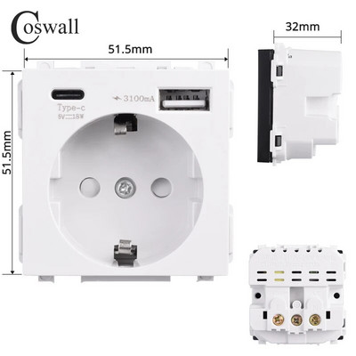 COSWALL 16A EU aljzat modul PD 18W Type-C és QC 3.0 Type-A Dual USB gyorstöltővel C1/E20/L1/X2/S08 sorozatú fali kerethez