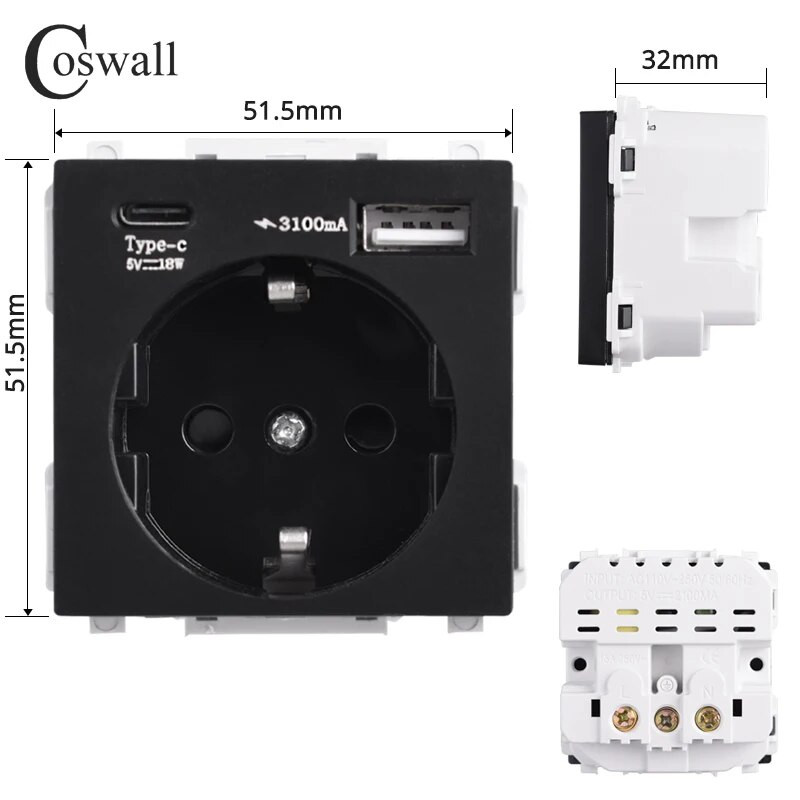 COSWALL 16A EU aljzat modul PD 18W Type-C és QC 3.0 Type-A Dual USB gyorstöltővel C1/E20/L1/X2/S08 sorozatú fali kerethez