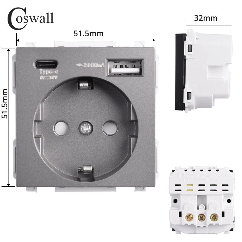 COSWALL 16A EU aljzat modul PD 18W Type-C és QC 3.0 Type-A Dual USB gyorstöltővel C1/E20/L1/X2/S08 sorozatú fali kerethez