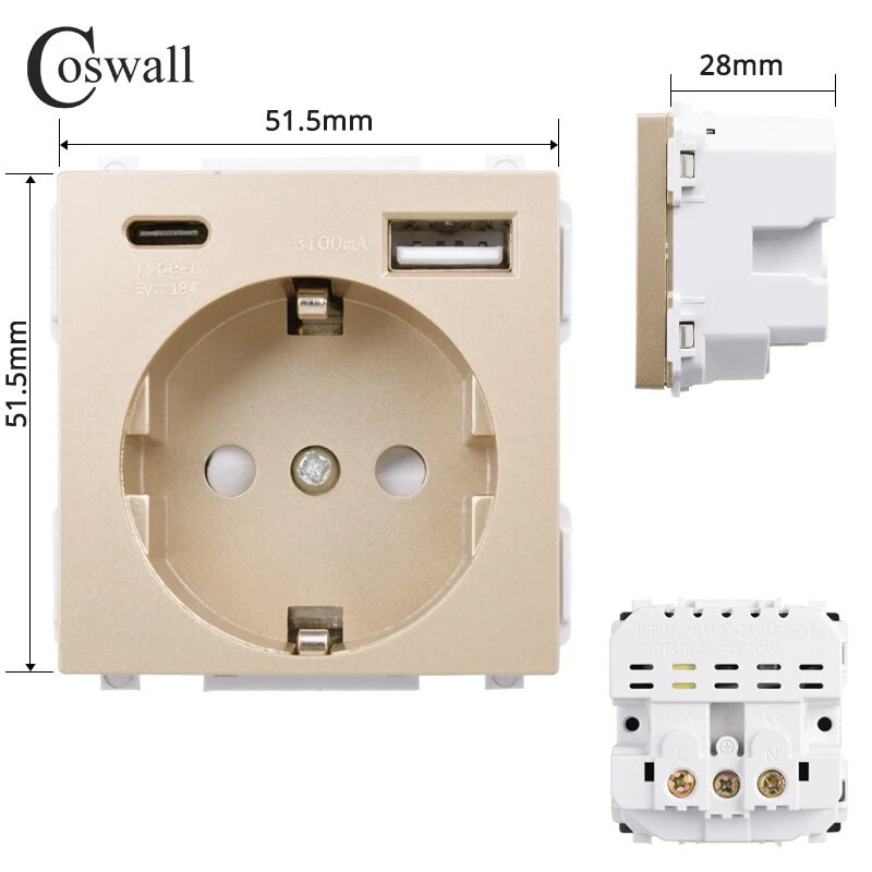 COSWALL 16A EU aljzat modul PD 18W Type-C és QC 3.0 Type-A Dual USB gyorstöltővel C1/E20/L1/X2/S08 sorozatú fali kerethez