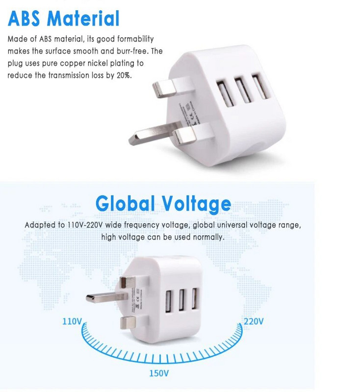 1kom UK utikač zidni 3 pinski utikač adapter punjač s 1/2/3 USB priključcima Putno punjenje Mrežni zid AC višestruki adapter napajanja Dodatna oprema