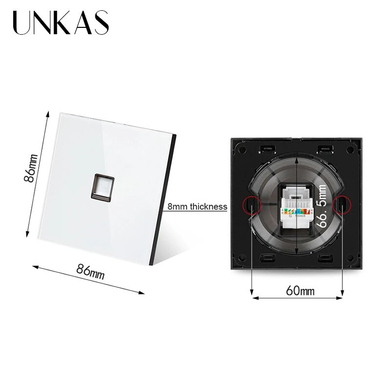 UNKAS RJ45 számítógép szürke luxus kristály edzett üveg CAT5E hálózati modul aljzat szürke kimeneti kábel interfész