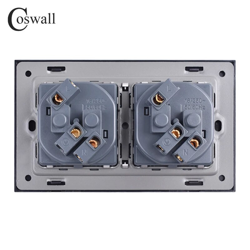 Coswall zidna staklena ploča 16A EU Rusija Španjolska Dvostruka utičnica uzemljena sa zaštitnim vratima za djecu crna boja 146*86 mm