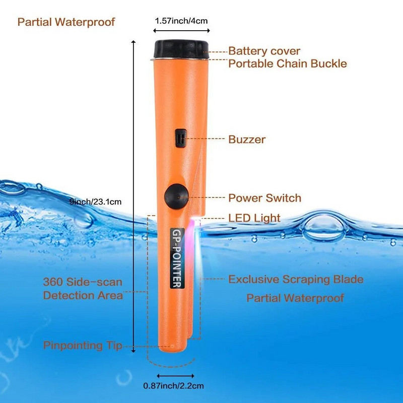 GP metalo detektoriaus smeigtukas Vieno mygtuko valdymas Garso ir vibracijos signalizacija 360 laipsnių Lobių paieška Monetų paieška sausumoje