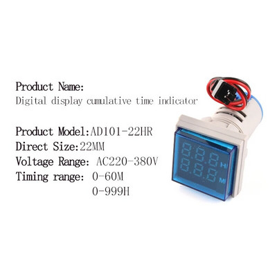 22MM LED okrugli kvadratni digitalni mjerač vremena 0-60 minuta/0-999 sati AC 220V-380V Mini signalno svjetlo mjerač sati Montaža na ploču