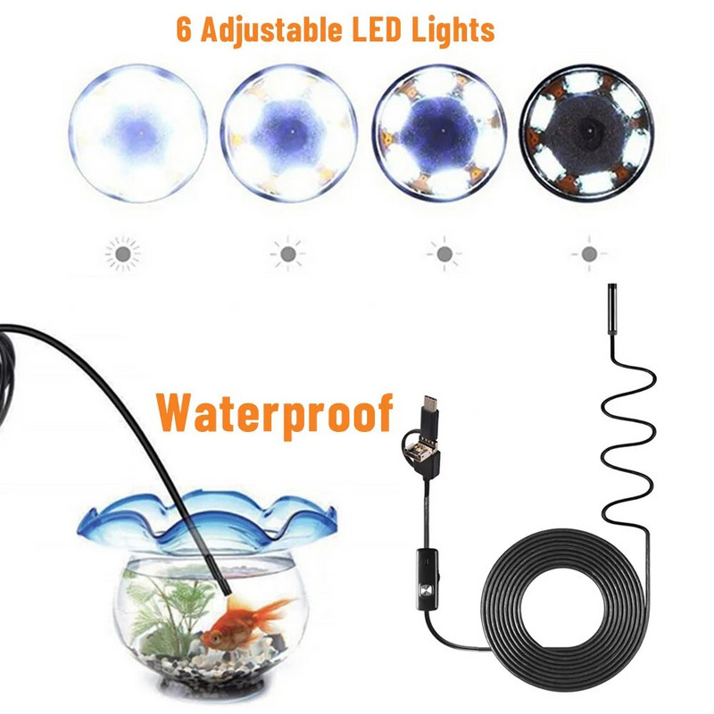 5,5 mm 7 mm endoskopas 3 viename USB / mikro USB / C tipo reguliuojamas boreskopas, lanksti tikrinimo kamera, atspari vandeniui, skirta Android išmaniajam telefonui